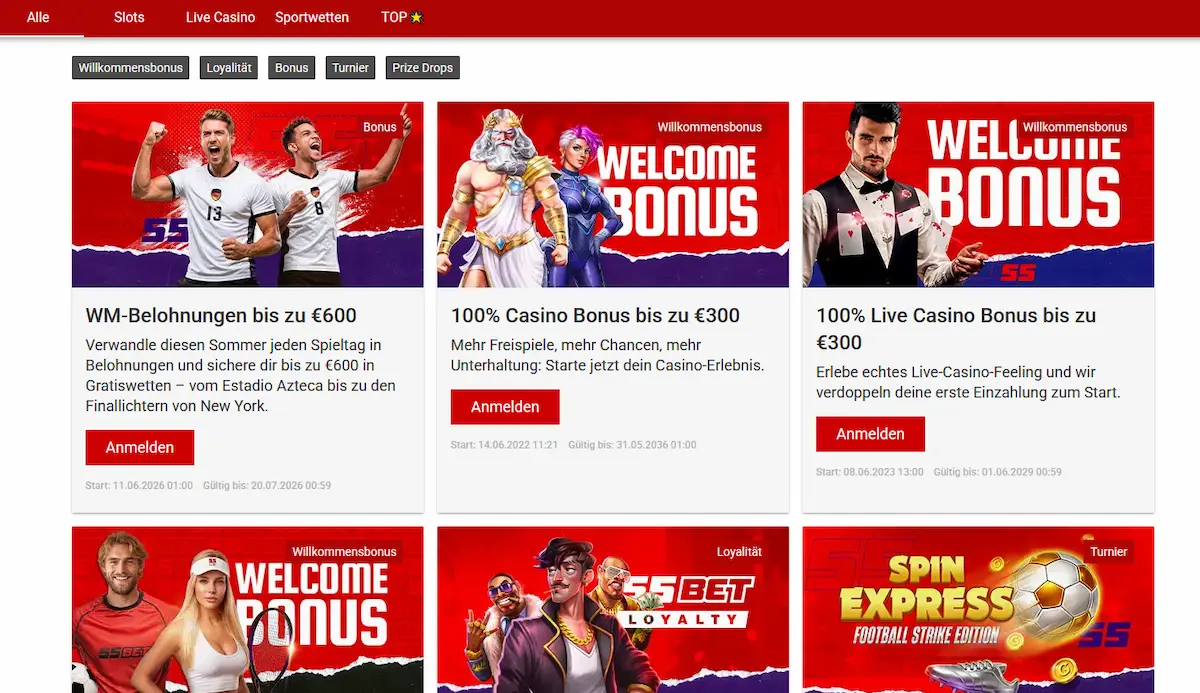 55bet Bonus – Willkommensbonus 100% bis 100€ und 100 Freispiele
