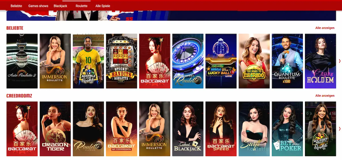 55bet Live Casino – Evolution Gaming Tische mit echten Dealern